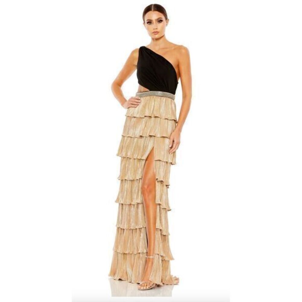 Mac Duggal‎ 26742 Metallic One Shoulder Ruffle Tiered Gown Size 0 Gold Black - Picture 3 of 10